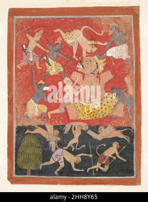 The Demon Kumbhakarna Is Defeated by Rama and Lakshmana: Folio from a Dispersed Ramayana Series ca. 1670 India, Madhya Pradesh, Malwa According to the Ramayana, Kumbhakarna, the terrifying giant and brother of Ravana, was causing great damage to the monkey army when Rama and Lakshmana entered the battle. Using magical arrows of great power, Rama severed Kumbhakarna's limbs and filled his mouth with pointed steel shafts. The pathos of the demon's defeat is emphasized by his dismembered body parts being carried away by the bear and monkey warriors. Compared to the Mughal depiction The Awakening Stock Photo