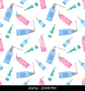 Nasal sprays pattern. Pharmacy background with medical drops, sprays for treatment of virus infection. Vector medicines illustration. Stock Vector