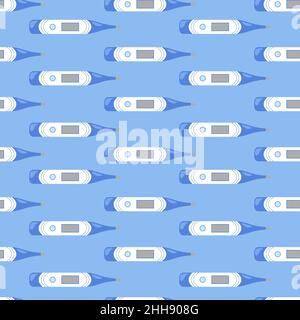 Thermometers seamless pattern. Blue background with degree digital tools. Vector flat illustration. Stock Vector