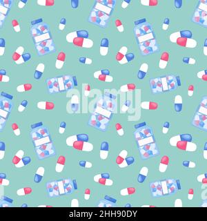 Medical pills seamless background. Pharmacy pattern. Colorful pills, tablets and capsules. Vector flat illustration. Stock Vector