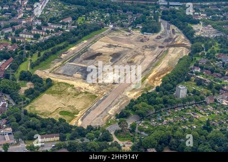 Aerial view, brownfield revitalisation commercial area Friedrich-Park,planned thoroughfare, DITIB Merkez Mosque, Marxloh, Duisburg, Ruhr area, North R Stock Photo