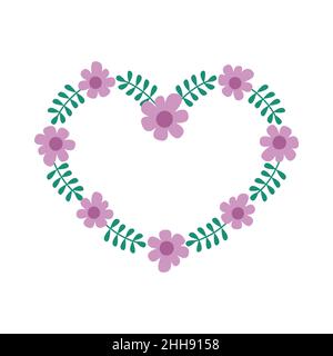 Floral frame heart shaped. Border with cute simple flowers and leaves. Vector flat illustration on white background. Stock Vector