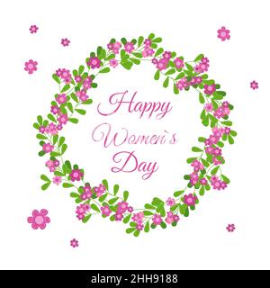 Happy Womens Day greeting card. Floral round frame isolated. Cute pink flowers vignette. Vector hand drawn illustration. Stock Vector
