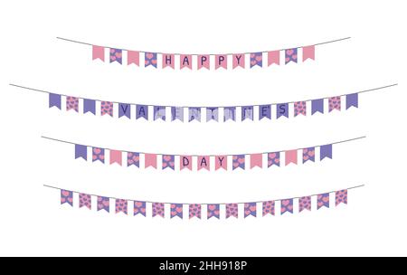 Valentines Day garlands set. Hanging flags with hearts isolated on white background. Valentine party decorations. Vector flat illustration. Stock Vector