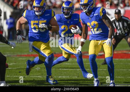 Jan 23, 2022; Tampa, FL USA; Los Angeles Rams linebacker Travin Howard (32)  during an NFL divisional playoff game at Raymond James Stadium. The Rams  beat the Buccaneers 30-27. (Steve Jacobson/Image of