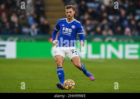 Kiernan Dewsbury-Hall #22 of Leicester City applauds the fans as