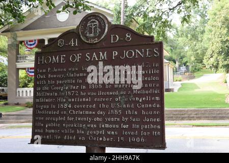 'Home of Sam P Jones' sign with his biography at Rose Lawn Museum, the restored Victorian mansion, in Cartersville, GA, USA. Stock Photo