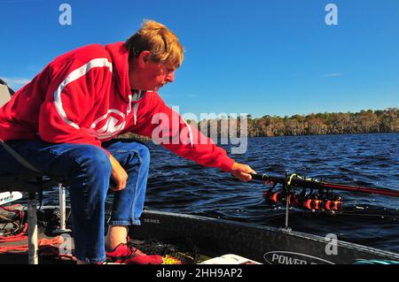 Guide Jack Smith fishes for crappie (speckled perch) from Central Florida waters. Stock Photo