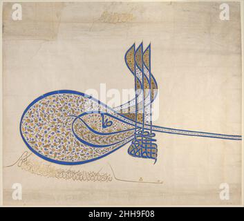 Tughra (Insignia) of Sultan Süleiman the Magnificent (r. 1520–66) ca. 1555–60 A tughra is a stylized royal seal and signature applied by the Ottoman sultans to every royal edict. Different types were used by the early rulers. Suleiman the Magnificent (r. 1520–66) introduced a standard calligraphic design, starting from right with two to three horizontal lines, drawing a large oval to the left, and ending in the center with intervening letters at the bottom and three vertical undulated axes at the top. Each sultan’s tughra is slightly different, but typically comprises the name of the reigning Stock Photo