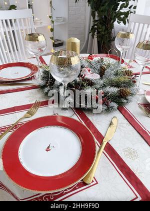 Homemade New Year's holiday table setting, family holiday concept Stock Photo