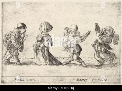 Callot figures; a well-dressed dwarf man to left declaring his love to an old dwarf woman to left, a dwarf man playing the guitar and a dwarf woman dancing with a tambourine to right, from 'Six grotesques' (Six pièces de figures grotesques) 1684 Agostino Mitelli II Italian Agostino Mitelli, the son of the well-known printmaker Giuseppe Maria Mitelli, had a brief career as a printmaker in Bologna. This prints is part of set of six etchings after Stefano della Bella that represent a type of caricature that was very popular in the seventeenth century. Here, several dwarf-like figures play musical Stock Photo