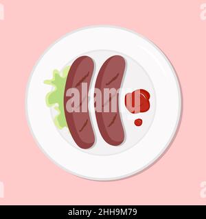 Grill sausages with salad healthy diet meal on plate. Vector illustration. Simple flat stock nutrition image. Breakfast barbeque healthy food Stock Vector