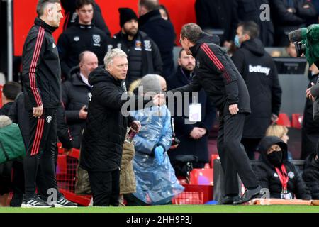 Manchester, UK. 22nd Jan, 2022. Manchester United Caretaker Manager Ralf Rangnick greets West Ham United manager David Moyes during the Premier League match at Old Trafford, Manchester, UK. Picture date: Saturday January 22, 2022. Photo credit should read: Anthony Devlin Credit: Anthony Devlin/Alamy Live News Stock Photo