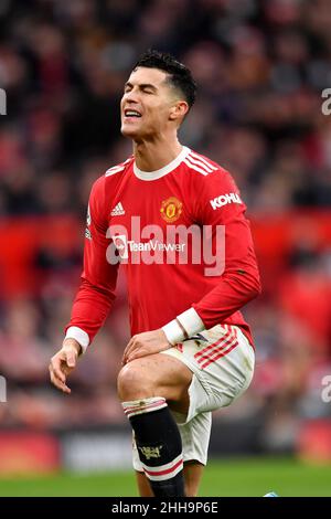 Manchester, UK. 22nd Jan, 2022. Manchester United's Cristiano Ronaldo reacts sees his header on goal saved by West Ham United goalkeeper Alphonse Areola during the Premier League match at Old Trafford, Manchester, UK. Picture date: Saturday January 22, 2022. Photo credit should read: Anthony Devlin Credit: Anthony Devlin/Alamy Live News Stock Photo
