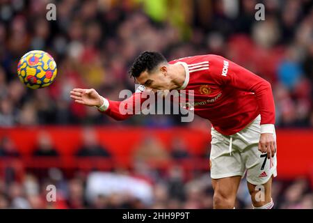 Manchester, UK. 22nd Jan, 2022. Manchester United's Cristiano Ronaldo has a header on goal saved by West Ham United goalkeeper Alphonse Areola during the Premier League match at Old Trafford, Manchester, UK. Picture date: Saturday January 22, 2022. Photo credit should read: Anthony Devlin Credit: Anthony Devlin/Alamy Live News Stock Photo