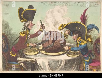The Plumb-Pudding in Danger;–or–State Epicures Taking un Petit Souper February 26, 1805 James Gillray British Napoleon Bonaparte, declared emperor of France in 1804, and the English statesman William Pitt sit across a dining table, each carving out a piece from a plum pudding in the shape of the world. The diminutive Napoleon, rising from his seat in order to reach the table, hungrily takes Europe while Pitt carves a large slice of ocean, illustrating the respective areas of power in the ongoing war between Britain and France.. The Plumb-Pudding in Danger;–or–State Epicures Taking un Petit Sou Stock Photo