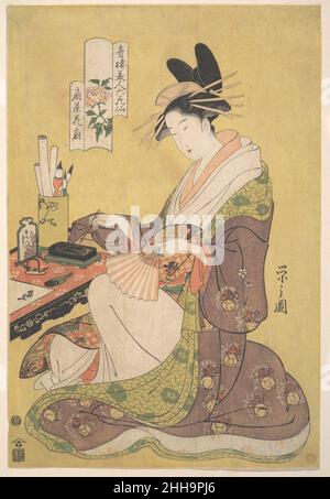The Courtesan Hana��gi of the ?giya Brothel (?giya Hana��gi), from the series Beauties of the Pleasure Quarters as Six Floral Immortals (Seir�� bijin rokkasen) ca. 1794 (Kansei 6) Ch��bunsai Eishi �B�ĔȖ�֮ Japanese The high-ranked courtesan Hana��gi (literally, ��flowery fan��) from the ?giya (House of Fans) brothel in Yoshiwara is shown seated at her desk with the accoutrements of a writer, suggesting that she is a dedicated poet and calligrapher. We assume that Ch��bunsai Eishi was creating an imaginary portrait of the talented Hana��gi IV.Each print in this series includes in its title the phrase rokka Stock Photo
