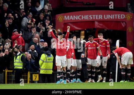 Manchester, UK. 22nd Jan, 2022. Manchester United's Cristiano Ronaldo celebrates as Manchester United's Marcus Rashford scores his side's first goal of the game during the Premier League match at Old Trafford, Manchester, UK. Picture date: Saturday January 22, 2022. Photo credit should read: Anthony Devlin Credit: Anthony Devlin/Alamy Live News Stock Photo