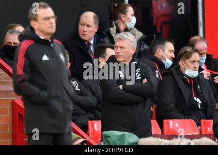 Manchester, UK. 22nd Jan, 2022. Manchester United Caretaker Manager Ralf Rangnick and West Ham United manager David Moyes during the Premier League match at Old Trafford, Manchester, UK. Picture date: Sunday January 23, 2022. Photo credit should read: Anthony Devlin Credit: Anthony Devlin/Alamy Live News Stock Photo