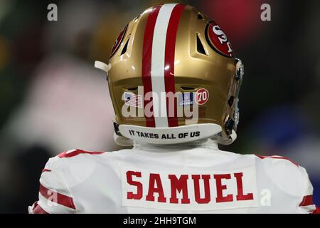 Green Bay, Wisconsin, USA. 22nd Jan, 2022. San Francisco 49ers wide  receiver Deebo Samuel (19) with the saying 'It takes all of us' on his  helmet during the NFL divisional playoff football