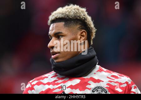 Manchester, UK. 22nd Jan, 2022. Manchester United's Marcus Rashford warms-up during the Premier League match at Old Trafford, Manchester, UK. Picture date: Sunday January 23, 2022. Photo credit should read: Anthony Devlin Credit: Anthony Devlin/Alamy Live News Stock Photo