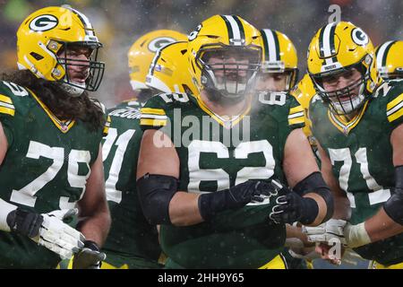 Green Bay Packers center Lucas Patrick (62) passes the ball during the  first half of an NFL football game against the Seattle Seahawks, Sunday,  Nov. 14, 2021, in Green Bay, Wis. (AP