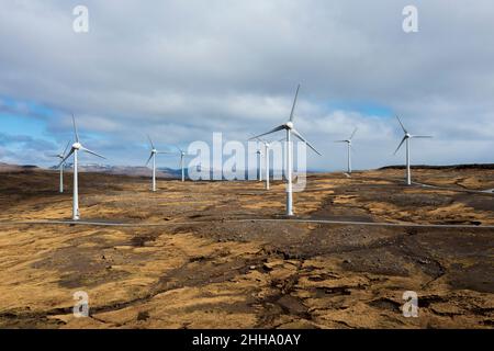 The wind turbines are not a blot on this rugged, mustard coloured landscape as they harness the fierce Faroe Island winds. Stock Photo