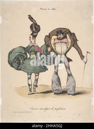 The Fashions of 1830: A Further Degree of Perfection (Encore un dégré de perfection: Modes de 1830) 1829 Anonymous, French, 19th century French Caricature, 'The Fashions of 1830: A Further Degree of Perfection' (Modes de 1830: Encore un dégré de perfection), depicting an exaggerated version of the fashionable styles of the time: puff sleeves and shorter hemlines for women's dresses and elaborate hairdos, and broad shoulders, bell-shaped trousers, and large bow ties for men.. The Fashions of 1830: A Further Degree of Perfection (Encore un dégré de perfection: Modes de 1830). Anonymous, French, Stock Photo