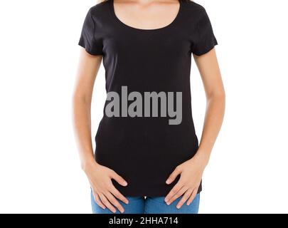 girl in black t-shirt mockup isolated on white background copy space Stock Photo