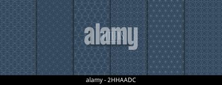 Set of geometric seamless pattern with circle lines overlapping blue background traditional design Stock Vector