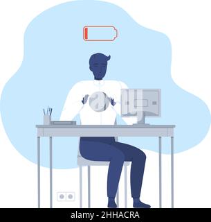 emotional burnout syndrome. Man with no energy works at a computer. Office worker exhaustion. Mental health concept Stock Vector