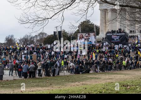 Washington, DC- January 22, 2022: Protesters gather for an anti-vaccine rally in front of the Lincoln Memorial in Washington DC Stock Photo