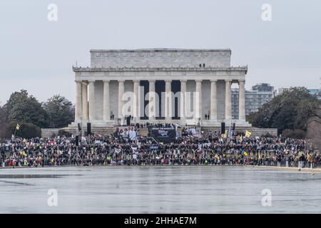 Washington, DC- January 22, 2022: Protesters gather for an anti-vaccine and mandates rally in front of the Lincoln Memorial in Washington DC Stock Photo