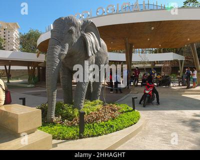 Manila, Philippines. 22nd Jan, 2022. The facade of the newly renovated Manila Zoo with a replica of Mali, the elephant. A sneak peek to the renovation project of Manila Zoo, giving visitors a preview of how Southeast Asia's oldest menagerie will become. The old Manila Zoo was opened on July 25, 1959 and it was shutdown on January 23, 2019 due to sanitary violations. The new renovated zoo is set to open to the public in the first quarter of 2022 with the promise of better landscapes both for its animal residents and human guests. Credit: SOPA Images Limited/Alamy Live News Stock Photo