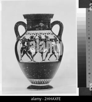 Terracotta amphora (jar) ca. 540–530 B.C. Attributed to the Swing Painter Obverse, two warriors separated by onlookersReverse, seated lyre-player flanked by dancing men. Terracotta amphora (jar)  254355 Stock Photo