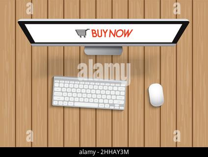 Shopping with computer and screen buy now on wooden table. Concept online shopping. illustrator vector. Stock Vector
