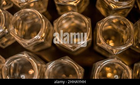 Realistic empty glass jars with gold metal lids. Stock Photo