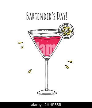 Cosmopolitan cocktail with lemon slice isolated on white background. Vector hand-drawn illustration. Bartender's Day card. Perfect for holiday designs Stock Vector
