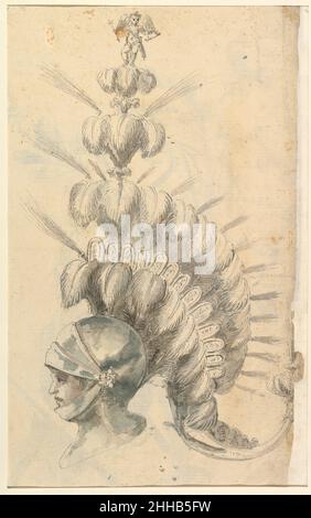 Design for an with Tournament Headdress ca. 1620–56 Possibly by Baccio del Bianco Italian Side view of a design for an armor helmet with an open visor (facing the left). The design of the helmet itself is relatively simple, but it has been decorated with an elaborate headdress made up out of tiers of feathers reaching upward. On top of the highest plume is a small figure of cupid with bow and arrow.. Design for an with Tournament Headdress  410279 Stock Photo