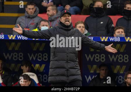 London, UK. 24th Jan, 2022. Liverpool's manager Jurgen Klopp gestures during the English Premier League match between Crystal Palace and Liverpool in London, Britain, on Jan. 23, 2022. Credit: Xinhua/Alamy Live News Stock Photo