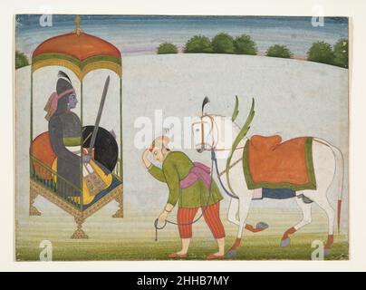 Kalki Avatar, the Future Incarnation of Vishnu: Page from a Dispersed Manuscript ca. 1760–70 India (Punjab Hills, Guler) It is interesting to compare this version of Kalki Avatar with an earlier Basohli example (1991.32.1) in the collection. The basic format is the same, though the entire composition has been flopped. The Basohli work probably formed the inspiration for the present one. Here, the shallower space of the earlier picture has become deeper. The groom and horse inhabit the foreground; the hero, the middle ground; and the hilltop and distant trees, the background. The hero's throne Stock Photo