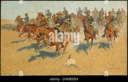 On the Southern Plains 1907 Frederic Remington American One of Remington’s favorite themes was the American soldier in the West, of whom he wrote, “His heroism is called duty, and it probably is.” Here, soldiers led by a scout in buckskin charge an unseen enemy. Although the painting was probably meant to refer to the war against the Plains Indians in the 1860s—Remington titled it 'Cavalry in Sixties'—the uniforms and weapons date variously from the time of the Civil War through the 1870s. The artist was willing to depart from reality in other details as well. For example, the horses and rider Stock Photo