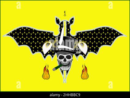 Sugar Skulls Haiti Witch Doctor, Baron Samedi, Skull, Top Hat & Cigar, New Orleans, MardiGras, Lily's, Flames, a Bat & Yellow BKG (Books, Labels etc.) Stock Vector