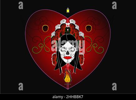 Sugar Skull Girl Mexican Day of the Dead, Red & White Roses, Two Cute Sugar Skulls, Love Heart with Black BKG (Covers, Labels, Notebooks, Poster etc.) Stock Vector
