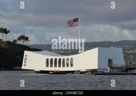 The USS Arizona Memorial taken on a quite day in the Harbor Stock Photo