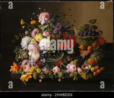 Still Life: Flowers and Fruit 1850–55 Severin Roesen American This exceptionally large still life represents Roesen at his best. It is undated but was probably painted between 1850 and 1855, when the artist was living in New York. The elaborate and crowded composition is characteristic, as are the brilliant color, technical virtuosity, and meticulous attention to detail expected of someone who was trained as a porcelain painter. The picture is a fine example of the excess that underlies much of Victorian design.. Still Life: Flowers and Fruit  11938 Stock Photo