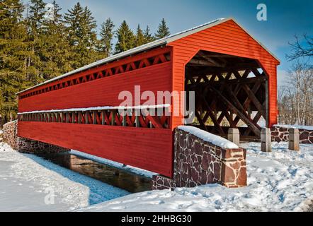 Winter At Sachs Covered Bridge, Gettysburg, Pennsylvania USA Stock Photo