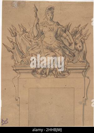 Design for an Overdoor or Chimney Piece with an Armorial Trophy and the Figure of Minerva 18th century Anonymous, French, 18th century French. Design for an Overdoor or Chimney Piece with an Armorial Trophy and the Figure of Minerva  356113 Stock Photo