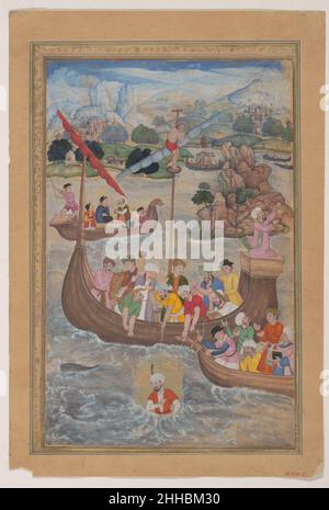 'Alexander is Lowered into the Sea', Folio from a Khamsa (Quintet) of Amir Khusrau Dihlavi 1597–98 Amir Khusrau Dihlavi The Khamsa of the Indian poet Amir Khusrau includes a section on the philosopher-king Alexander the Great, who in Khusrau’s telling of his life led expeditions to China, Russia, and the Western Isles. In this copy of the Khamsa made for the Mughal emperor Akbar (r. 1556–1605), Alexander is shown being lowered into the sea in a glass diving bell. While underwater, he will receive a visit from an angel who foretells his death.. 'Alexander is Lowered into the Sea', Folio from a Stock Photo