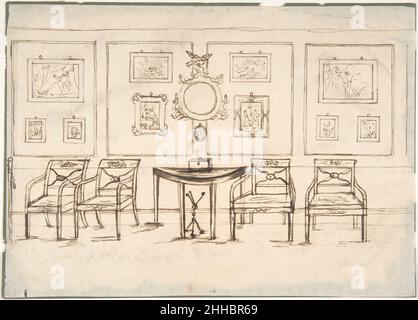 Interior with Four Armchairs, a Round Mirror, Demilune Table and Framed Prints or Drawings late 18th century Anonymous, British, late 18th century British. Interior with Four Armchairs, a Round Mirror, Demilune Table and Framed Prints or Drawings  387057 Stock Photo